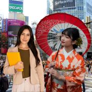 Japanerin im Kimono mit Schirm und dunkelhaarige junge Frau mit gelber Arbeitsmappe