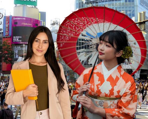 Japanerin im Kimono mit Schirm und dunkelhaarige junge Frau mit gelber Arbeitsmappe