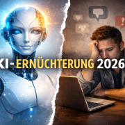 KI Ernüchterung 2026 - ein weiblicher Roboter und ein junger Mann enttäuscht vor einem Laptop