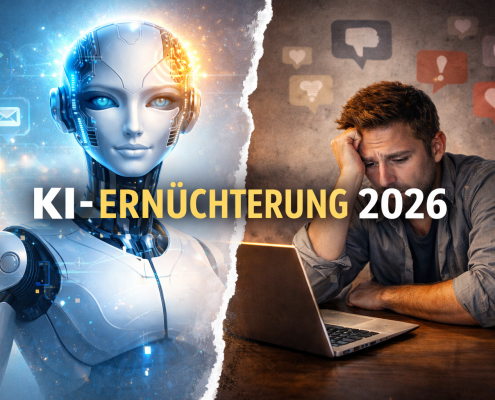 KI Ernüchterung 2026 - ein weiblicher Roboter und ein junger Mann enttäuscht vor einem Laptop