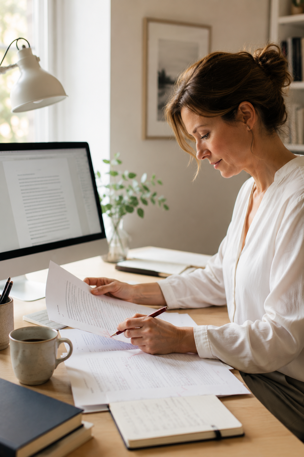 Human Review Frau am Schreibitsch mit Compter und Proofreading-Zetteln